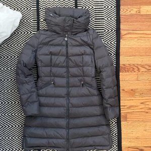 Moncler Women's Flammette Down High Neck Puffer Hood Coat Gray Size 1(small)